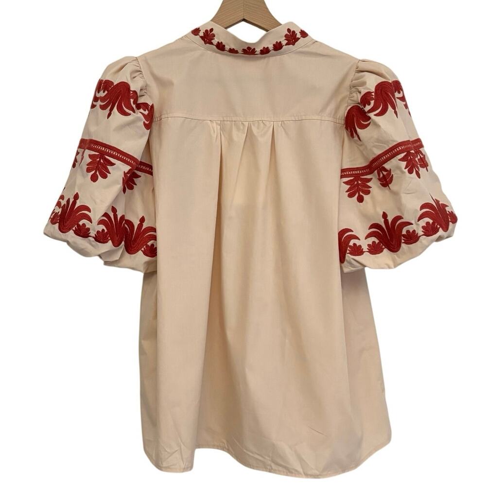 Entro Good Afternoon Blouse Sz L Cream Rust Red Embroidered Puff Sleeve Boho NWT - Picture 5 of 9
